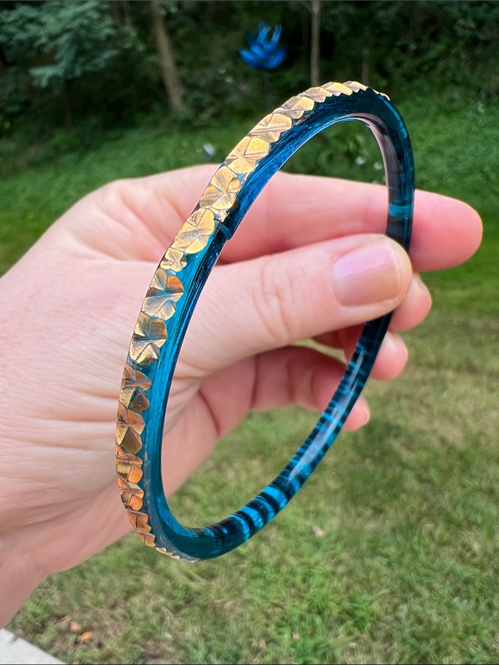 Vintage Venetian Murano Art Deco Textured Metallic Blue Glass Bangle